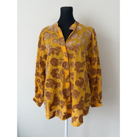 Pilcro Tops - Pilcro Anthropologie Mustard Cotton Velvet Textured Floral Button Up Blouse L
